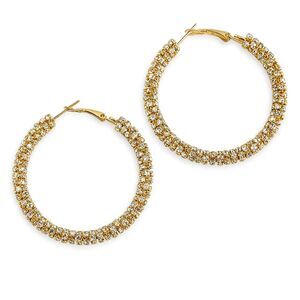 Gold Tone Metal White Colorless Rhinestones Hoop Statement Fashion Earrings